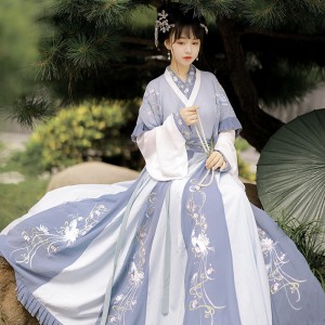 Women Hanfu Fairy Dresses Chinese Traditional Jin Dynasty Waist Type Cross Collar Autumn Cosplay Costumes