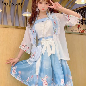 Summer Chinese Sweet Lolita Hanfu Dresses Ancient Traditional Song Dynasty Princess Costumes Girl Rabbit Embroidery Skirt Set