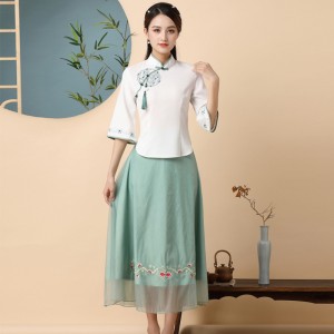 Green White Cheongsam Girls Improved The Republic Of China Suit College Two-piece Qipao Hanfu Dresses Women