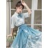 Summer Improved Hanfu Modern Women Bow Tie Lapel Shirt Lace up Printed Loose Chinese Daily Two piece Suit