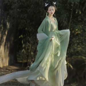 Women Chinese Traditional Hanfu Weijin Dynasty Retro Loose Original Hanfu China Dresses Green Chiffon Embroidered Dresses