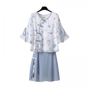 Summer Cheongsam Oversized Women Chiffon Blouse Short Skirt Blue Print Suit Improved Suit Skirt Han Two piece Suit