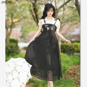 Chinese Black Hanfu Improve Round Neck Short Sleeve Hanbok Modern Suspender Han Ancient Fairy Dresses Traditional