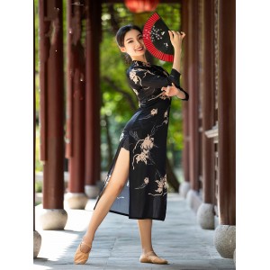Black Gold Elegant Cheongsam Water Yarn Women Modern Hanfu Classical Dance High Collar Bucket Button Qipao Chinese Costumes