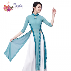 Fairy Classical Dance Cheongsam High Slit Long Dresses Women Modern Hanfu Chinese Clothing Dancing Pants Wide Leg White Lace Adult