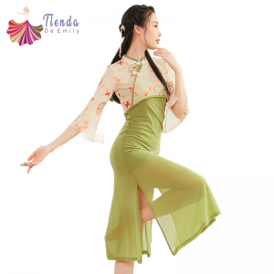 Chinese Classical Dance Women Gauze Long Sleeve Camisole Cheongsam Dancer Clothes Adult Body Rhyme Clothing Green Hanfu Qipao