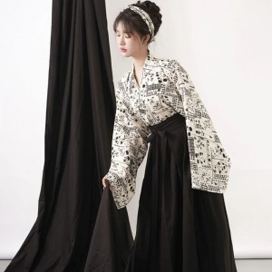 Daily Commuting Jin Dynasty Improved Hanfu For Women Chinese Black Pleated Skirt Printed Top For Spring Autumn