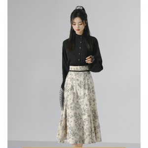 2pc Original Han Elements Improved Modern Hanfu Dresses Set Black Breasted Shirt Printed Skirt Chinese Women Daily Costume