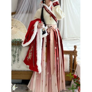 Winter Han Suit Made In Song Dynasty Women Duel Front Long Coat Collar Pleated Skirt Daily Plush Set Chinese Year