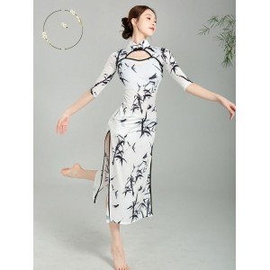 Chinese Classical Dance Modified Cheongsam Vintage Practice Performance Uniform Quartered Sleeves Dresses Split Qipao Dress