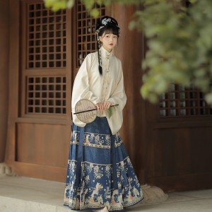 Hanfu Ming Dresses Women Stand Collar Double Breasted Short Jacket Pipa Sleeve Horse Face Skirt 2PCS Sets