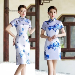 Traditional Chinese Cheongsam Mini Dresses Female Oriental Bride Wedding Qipao Dresses Retro Slim Evening Party Gown