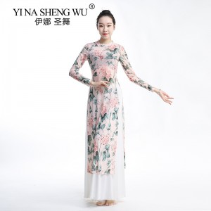 Women Chinese Dance Wear Printing Qipao Mesh Long Sleeve Cheongsam Dresses Classical Dancer Practice White Long Skirt Loose Pant
