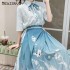 Summer Forest Fairy Hanfu Women Bow Tie Lapel Shirt Lace-up Printed Loose Chinese Daily Two-piece Suit
