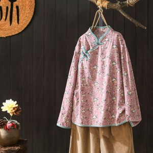 Autumn Shirt Stand up Collar Placket Buttoned Cotton Linen Floral Long sleeved Blouse Retro Chinese Female Tang Suit Top