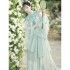 HuaShenJi Original Ming Dynasty Hanfu Standing Collar Robe Pleated Skirt Cloud Shoulder 4Pcs Women Chinese Fairy Green Dresses
