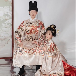 6 Colors Spring Ming Dynasty Couple Wedding Hanfu Dresses Round Neck Long Robe Men Women Chinese Traditional Skirt Outfit Stage