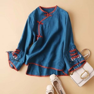 Blouse Women Embroidery Cotton linen Chinese traditional Tang suit Oversize Long Sleeve Ladies Casual Top hanfu cheongsam