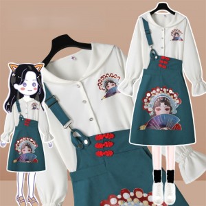 Chiffon Blouse Strap Skirt Streetwear Tang Suit Spring Autumn Chinese Hanfu Printing Design Strap Skirt Buckle Suit