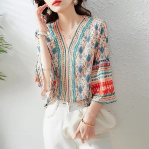 Modern Chinese Traditional Women Vintage Floral ethnic Print Tops three quarter kimono sleeves 