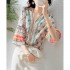 Modern Chinese Traditional Women Vintage Floral ethnic Print Tops three quarter kimono sleeves 