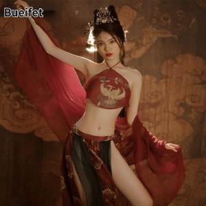 Red Hanfu Suit Sexy Sleepwear Cosplay Costumes Chinese Ancient Classic Bride Outfit Cute Anime See Through Erotic Wedding Set