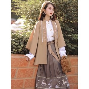 3pc 1set Summer Forest Fairy Hanfu Women Stand Collar Shirt Lace-up Printed Loose Chinese Daily Suit