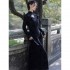 Chinese Traditional Hanfu Women Hollow Out Black Long Sleeves Printing Bodycon Qipao Slim Sexy High Split Evening Dress