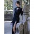 Chinese Traditional Hanfu Women Hollow Out Black Long Sleeves Printing Bodycon Qipao Slim Sexy High Split Evening Dress