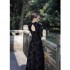 Chinese Traditional Hanfu Women Hollow Out Black Long Sleeves Printing Bodycon Qipao Slim Sexy High Split Evening Dress