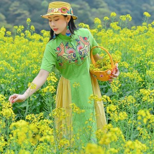 Women chinese traditional hanfu Dresses national flower embroidery Dresses retro performance Dresses elegant folk dance suit