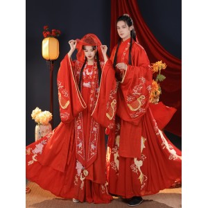 Chinese Wedding Dresses Vintage Bride Groom Red Large Sleeve Shirt Original Suit Hanfu Men Women Modern Couple Models