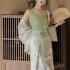 Summer Dresses Women Clothing Chinese Traditional Hanfu Improved Retro Elegant Cardigan Green Camisole Vest Printed Skirt