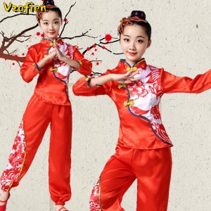 Traditional Chinese Yangko Folk Dance Costumes Female Fan Dance National Hanfu Clothing Classical Red Waist Drum Square Dance