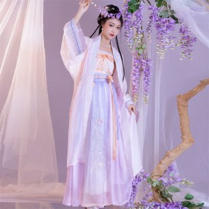 Women Fairy Purple Floral Embroidery Ancient Hanfu Chinese Festival Outfit Folk Stage Performance Dance Dresses Costumes