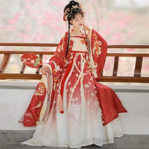 Chinese Traditional Hanfu Dresses Women Ancient Fairy Red Floral Pirnt Costumes Original Han Dynasty Cosplay Stage Clothing