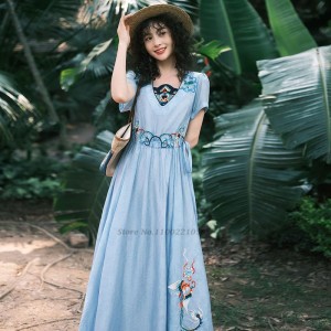 traditional chinese hanfu national flower embroidery chiffon Dresses vintage folk dance Dresses oriental party evening dress