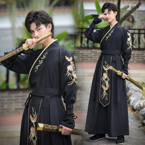 Ancient Chinese Traditional Hanfu for Men Han Dynasty Black Plus Size Phoenix Embroidery 2PCS Sets