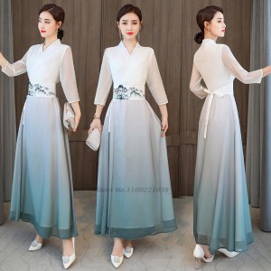 women improved hanfu Dresses chinese folk dance Dresses qipao national flower print chiffon Dresses oriental tea service hanfu