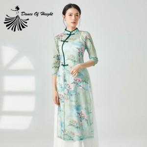 Chinese Hanfu Traditional Women Dresses See-through Top Oriental Classic Gauze Cheongsam Stretch Print Dancer Outfit Qipao Xl