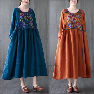 traditional chinese vintage Dresses folk dance suit national flower embroidery cotton linen Dresses oriental retro hanfu dress