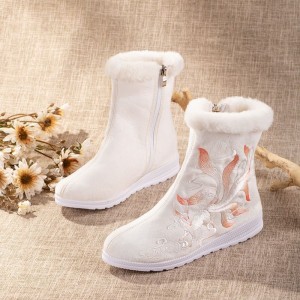 Chinese Hanfu Boots Women Winter Warmth Short White Black Heighten Embroidery Shoes