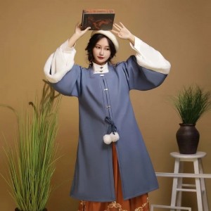 6 Color Improved Ming Dynasty Hanfu Coat Square Collar Autumn Winter Chinese Woolen Long Coat Women