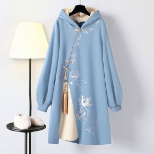Plus Size Vestidos Spring Chinese Hoodies Sweatshirt Dresses Hanfu Long Sleeve Embroidery Thick Cheongsam 31817