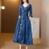 oriental vintage denim Dresses chinese traditional Dresses women national flower embroidery Dresses oriental folk dance dress