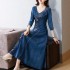 oriental vintage denim Dresses chinese traditional Dresses women national flower embroidery Dresses oriental folk dance dress