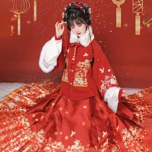 2 Colors Original Ming Dynasty 3PC Hanfu Dresses Set Red Yellow Coat Horse Face Skirt Shirt Women Dresses