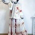 2 Colors Original Ming Dynasty Hanfu Dresses Set Beige Red Fluff Edge Flower Pattern Women Coat Chinese Horse Face Skirt