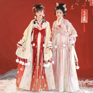 2 Colors Song Dynasty Chinese Women Winter Hanfu Dresses Set Rabbit Theme Sweet Pleated Skirt Elegant Fluff Edge Coat