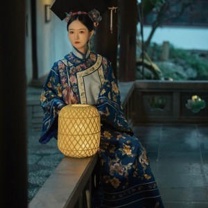 2Pc Original Late Qing Dynasty Blue Chinese Hanfu Dresses Vintage Flower Pattern Wide Sleeve Princess Gown Classic Women Vest